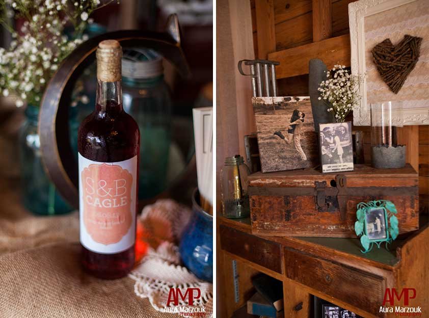 Personalized wine bottles and rustic details by Seagrove, NC wedding photographer. © Aura Marzouk Photography