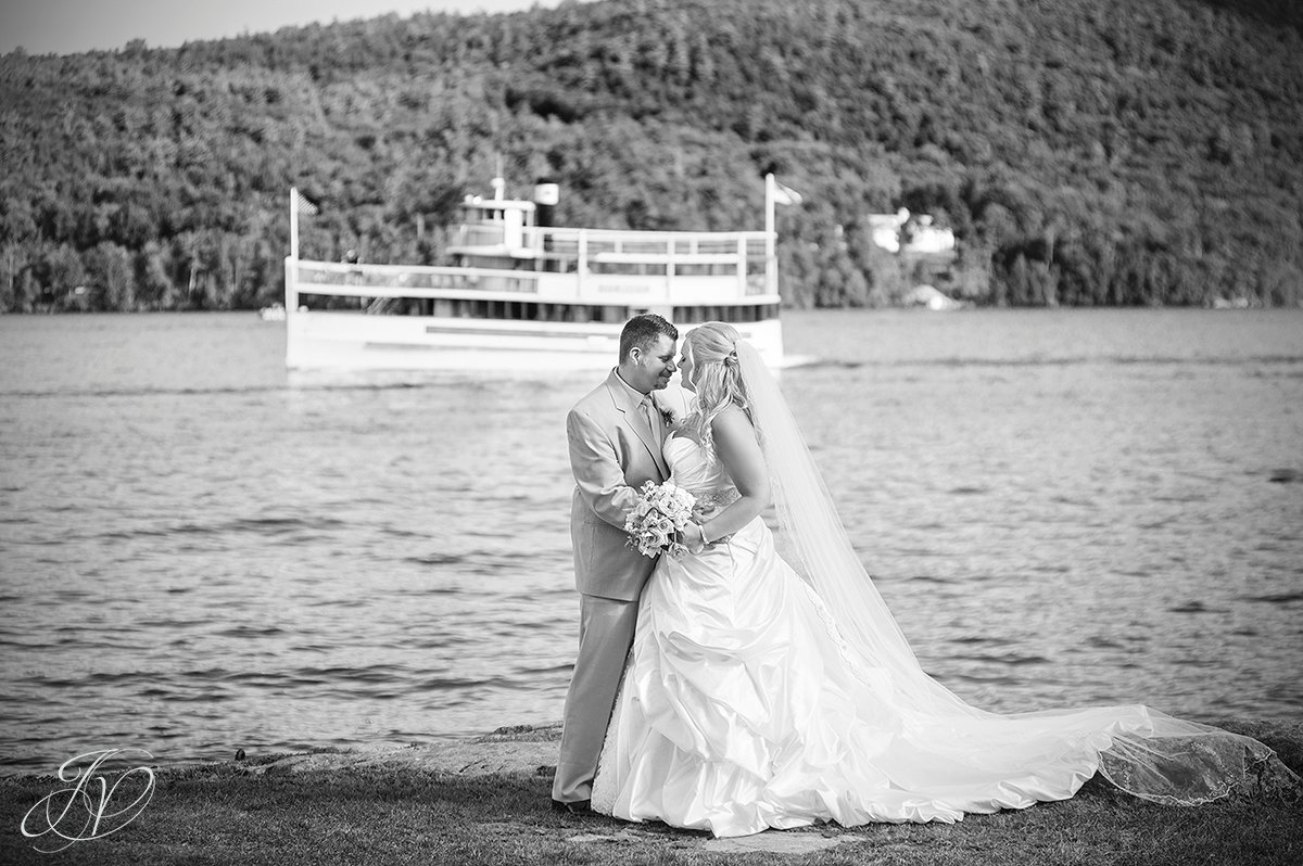 bride and groom in front of lake george, Inn at Erlowest wedding, Inn at Erlowest reception, Lake George Wedding Photographer