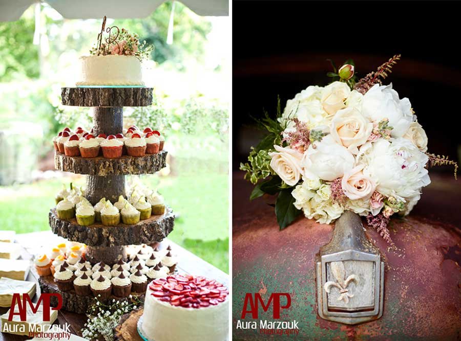 Stunning cupcakes on a tree trunk cake stand, alongside  stunning rose and peony bouquet by Burge's Florist. © Aura Marzouk Photography