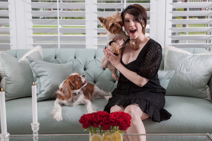 Actress Melanie Paxson and her dogs Sophie and Owen.