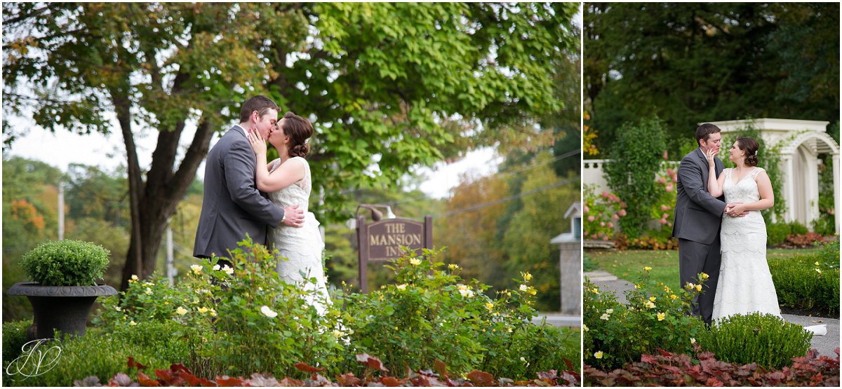 bride and groom kissing the mansion inn