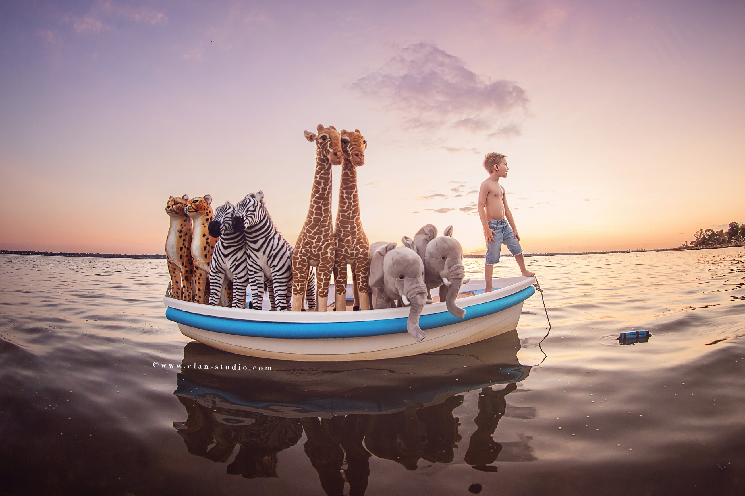 Noah's Ark reflection image, boy on boat with animals, Elan Studio