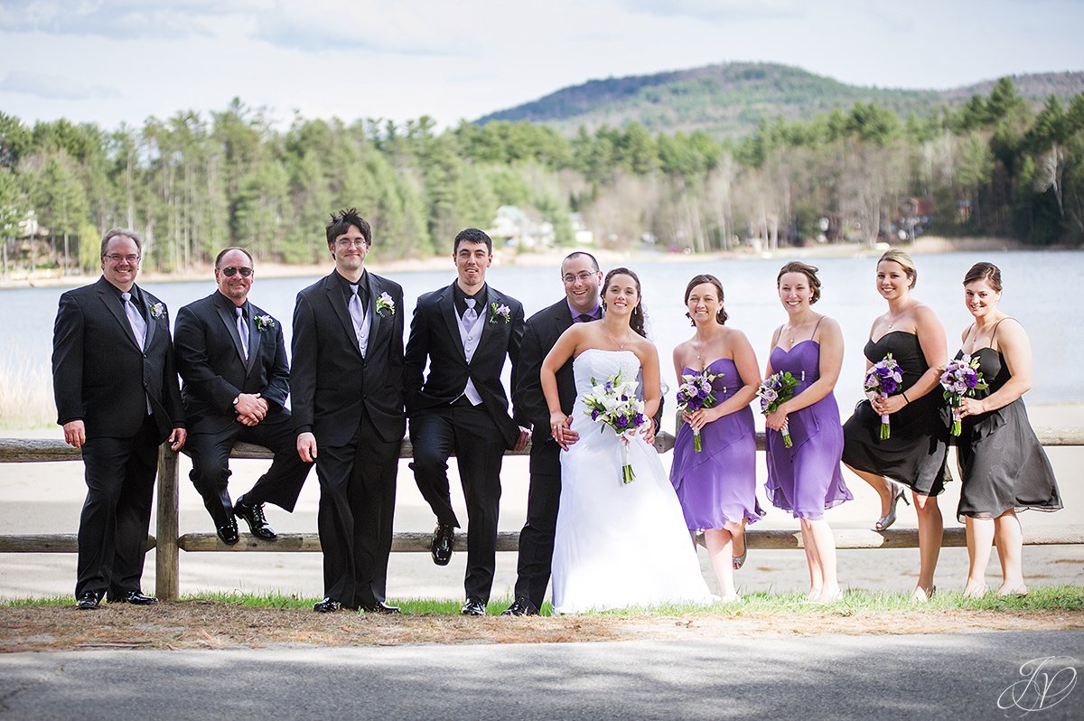 bridal party photo with lake view