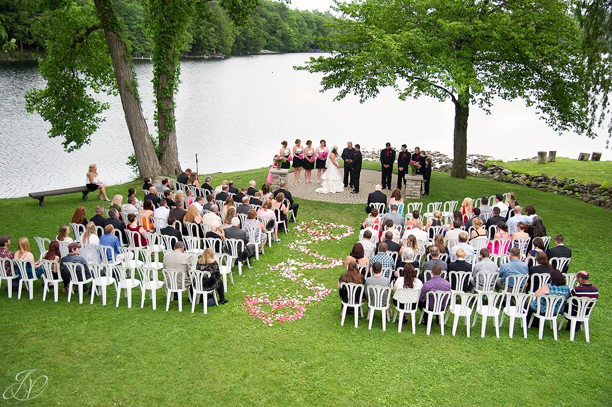aerial view of wedding ceremony on crooked lake in averill park