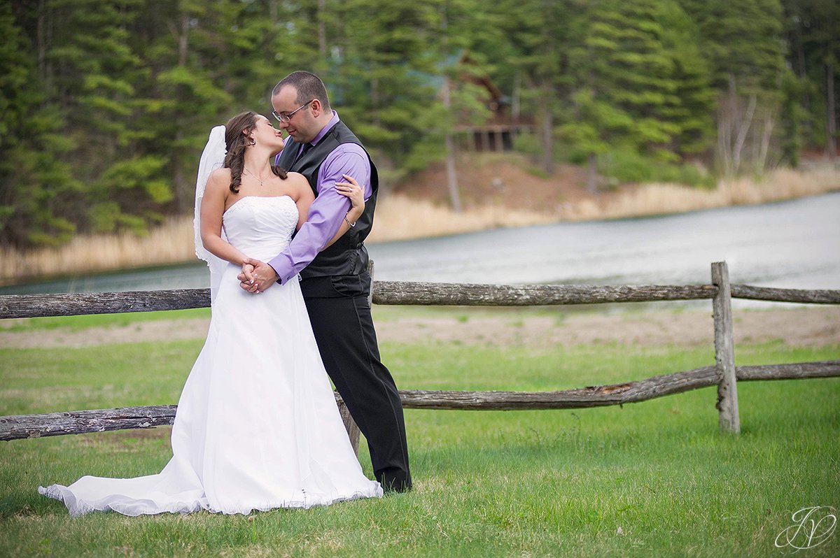 romantic bride and groom photo with lake view