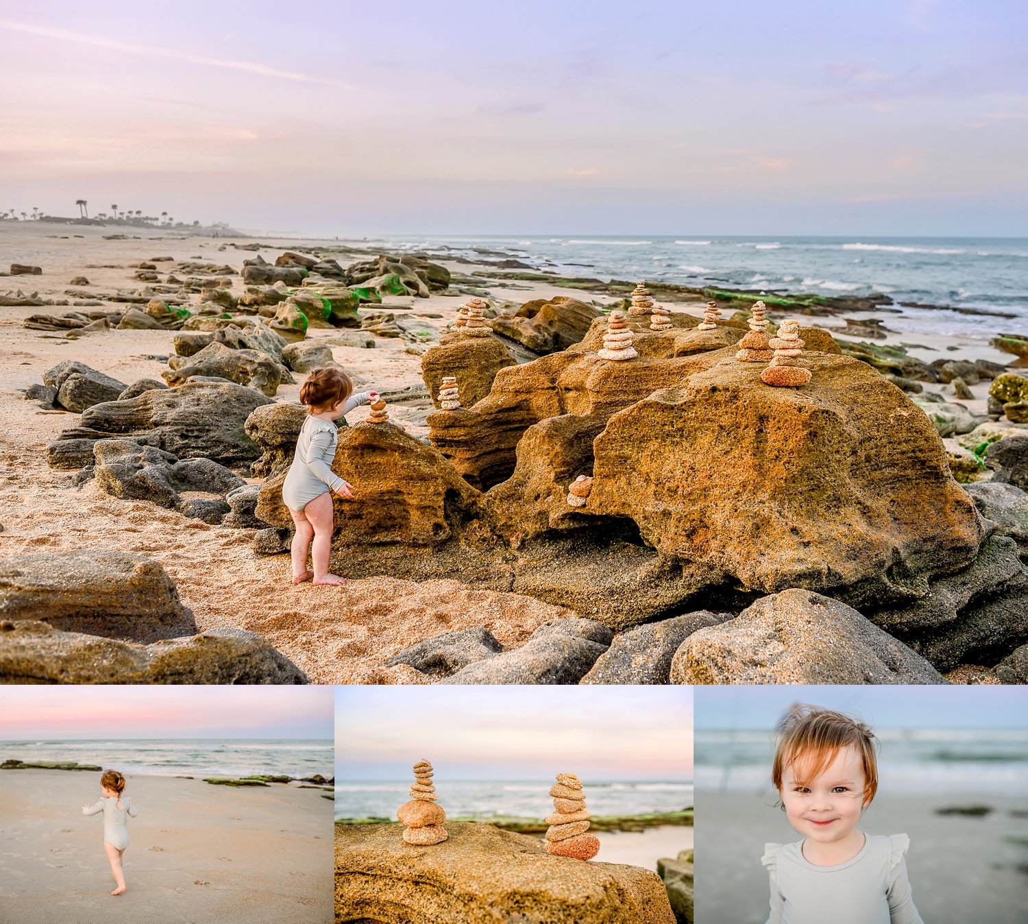 little girl balancing rocks on the beach, photo collage of Florida, Ryaphotos