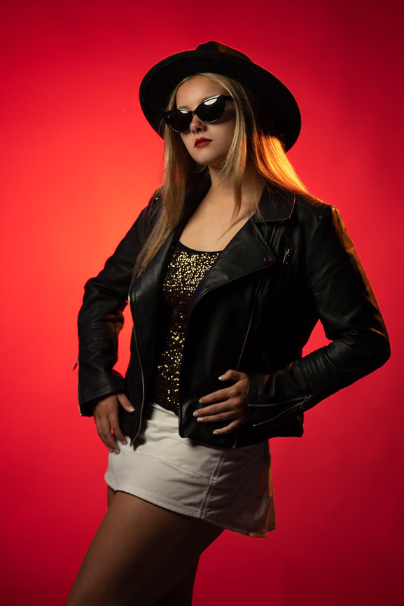 High School Senior studio Portrait with red background - Charleston, SC - Heather Johnson Photography