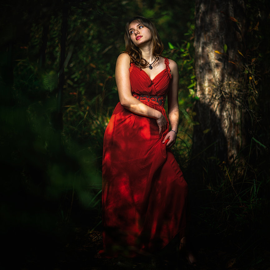 Senior in red dress in forest editorial, fine art outdoor portrait by Swartz Portraits East Texas