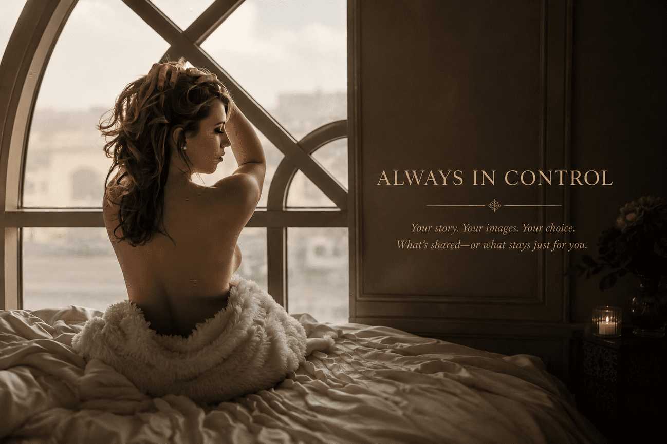 Woman sitting by a window during a luxury boudoir photography session in Dallas, Texas with an emphasis on privacy and client control.