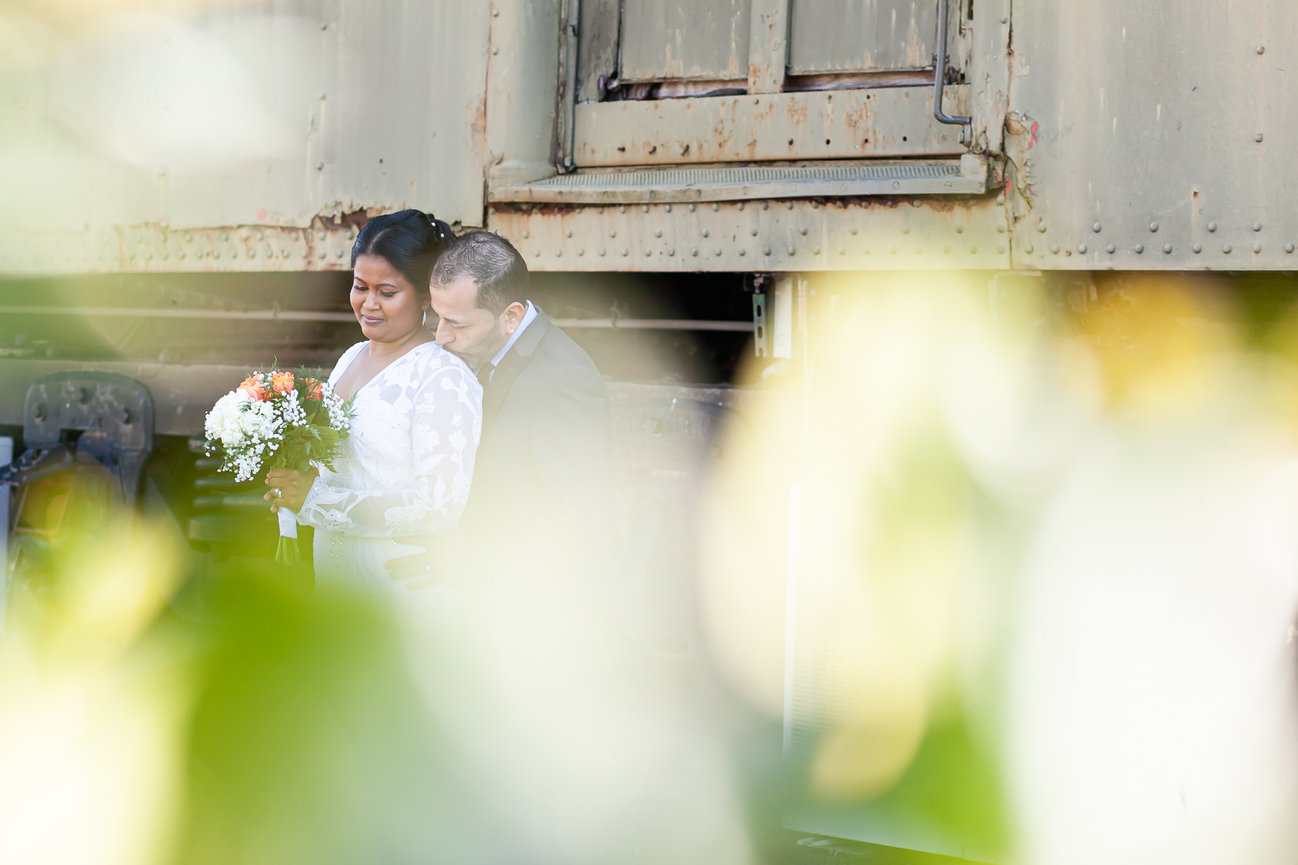 Portrait of bride and groom at intimate wedding at Liberty State Park