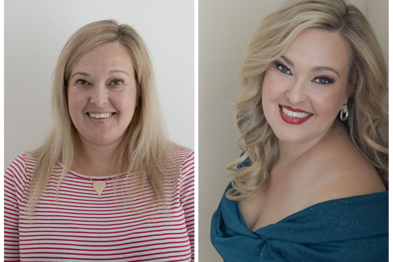 before and after beauty portrait showing hair and makeup on fair skinned white woman