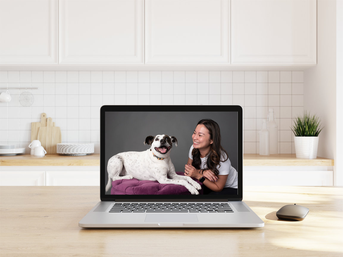 Studio portrait of a dog mom and her rescued dog, Nala, captured at BarkHop Studio in Chester County PA to celebrate their bond