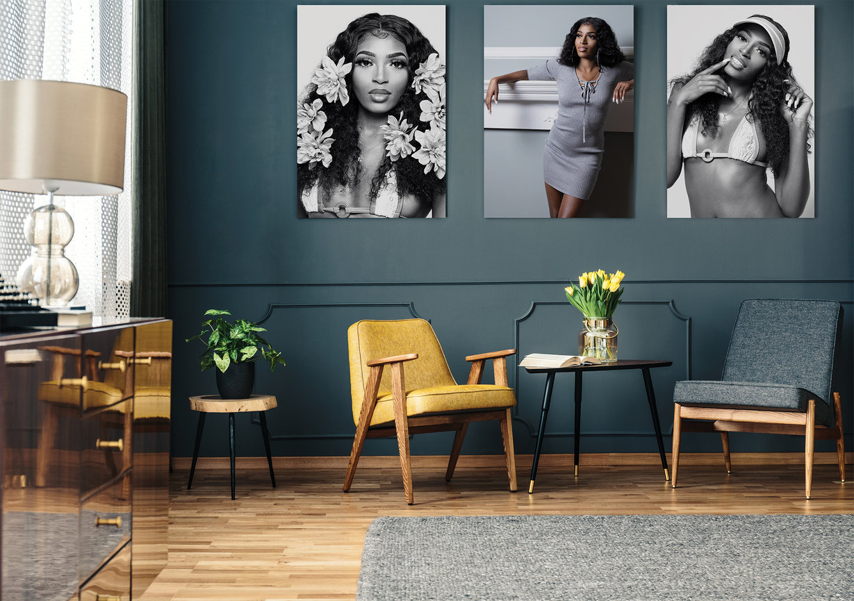 Personal portrait wall art collection displayed in a modern living space, featuring a series of fine art prints of a woman arranged as a cohesive, elegant gallery.