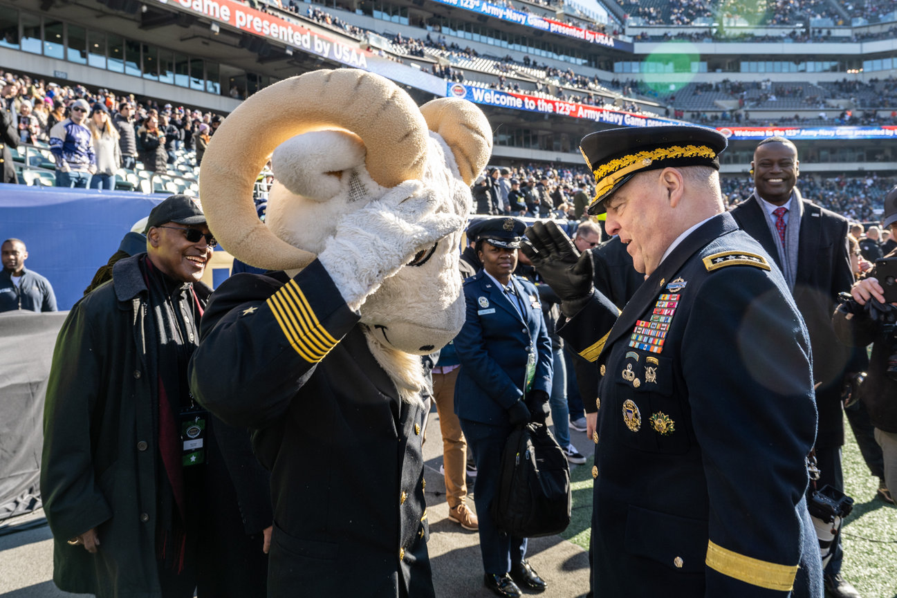 Bill the Goat saluting General Mark Milley at the 2022 Army Navy game