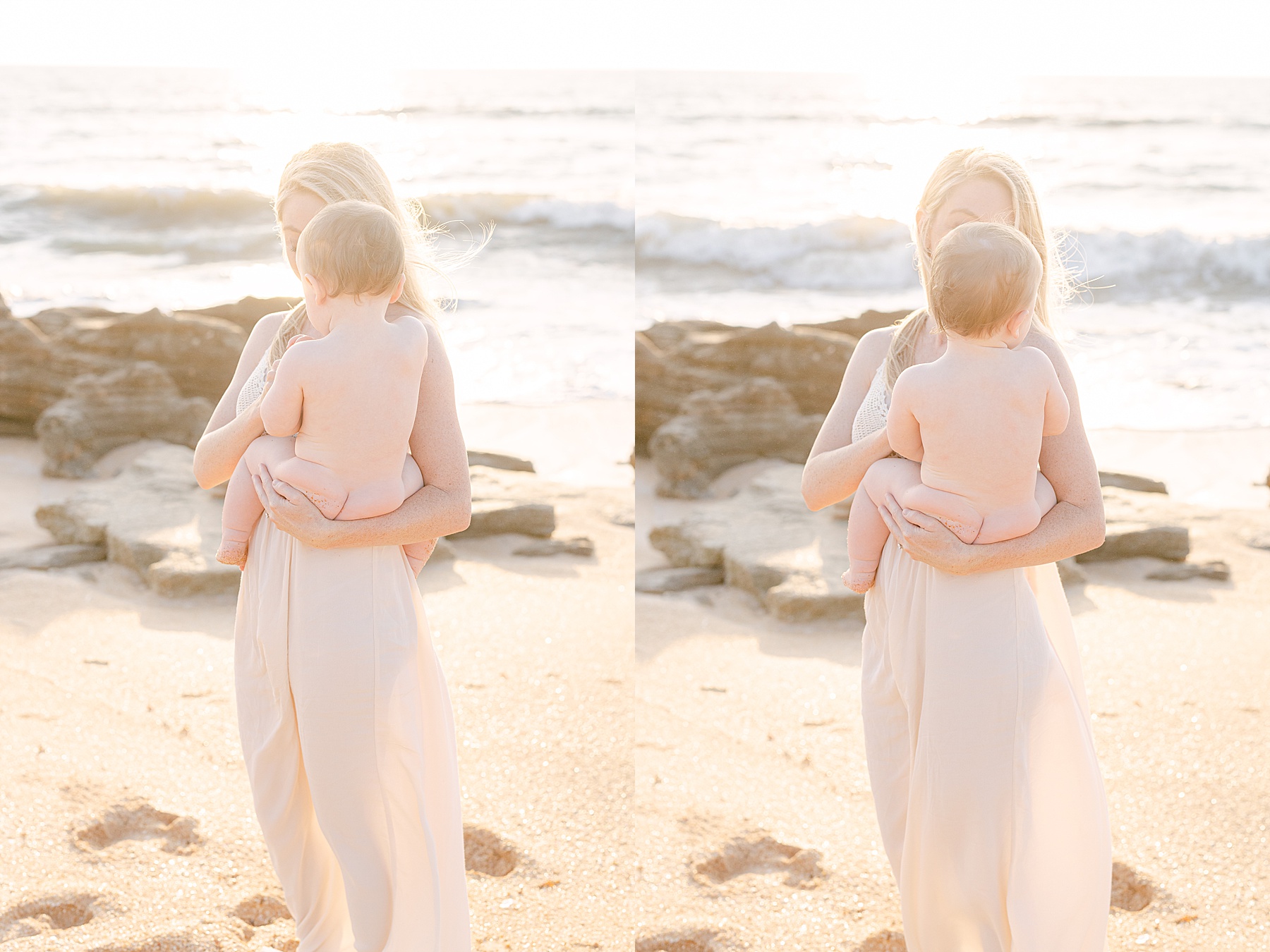 woman holding baby on the beach naked butt sunrise