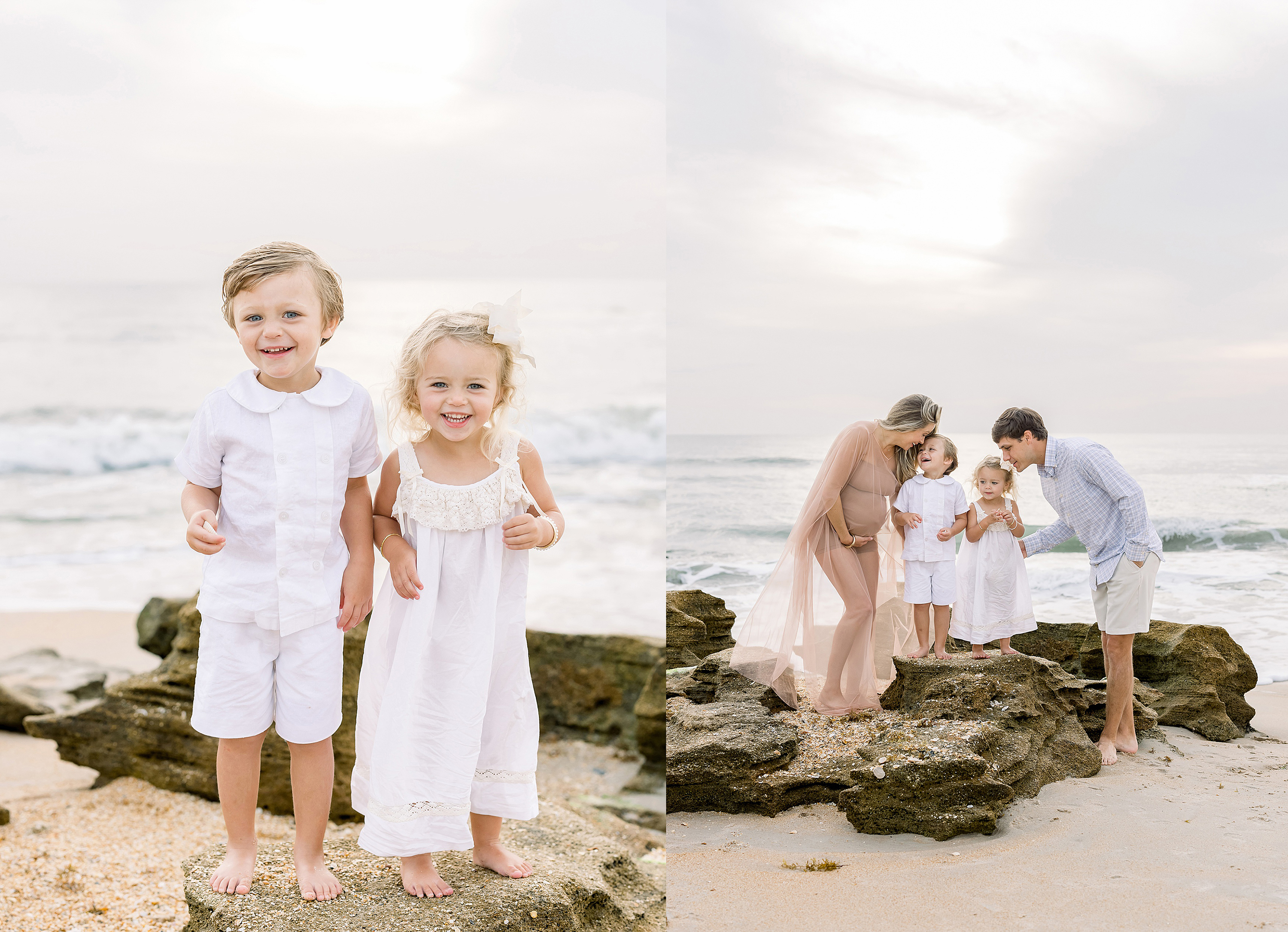 family in neutral clothing at the beach at sunrise for maternity portraits