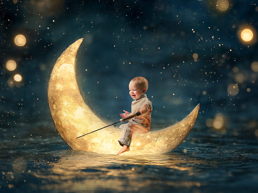 boy fishing on the moon with Storybook Images