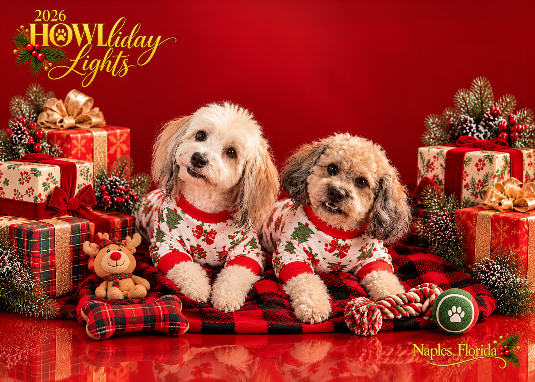 Christmas Morning holiday dog portrait with wrapped presents and toys