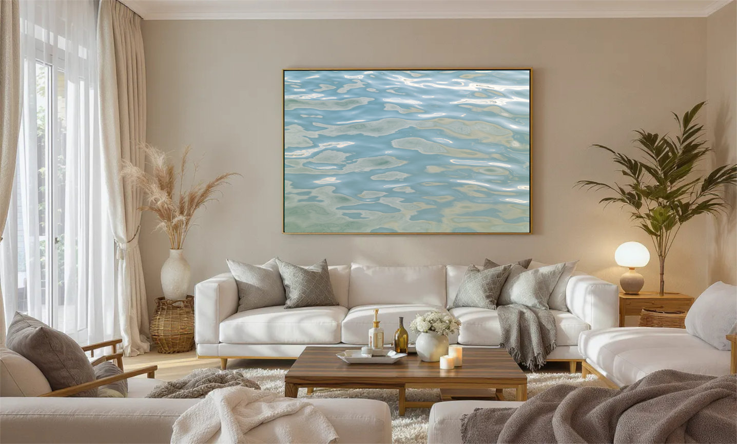 Pacific Light turquoise abstract ocean artwork by Andrea Bruns displayed above a sofa in a contemporary interior.