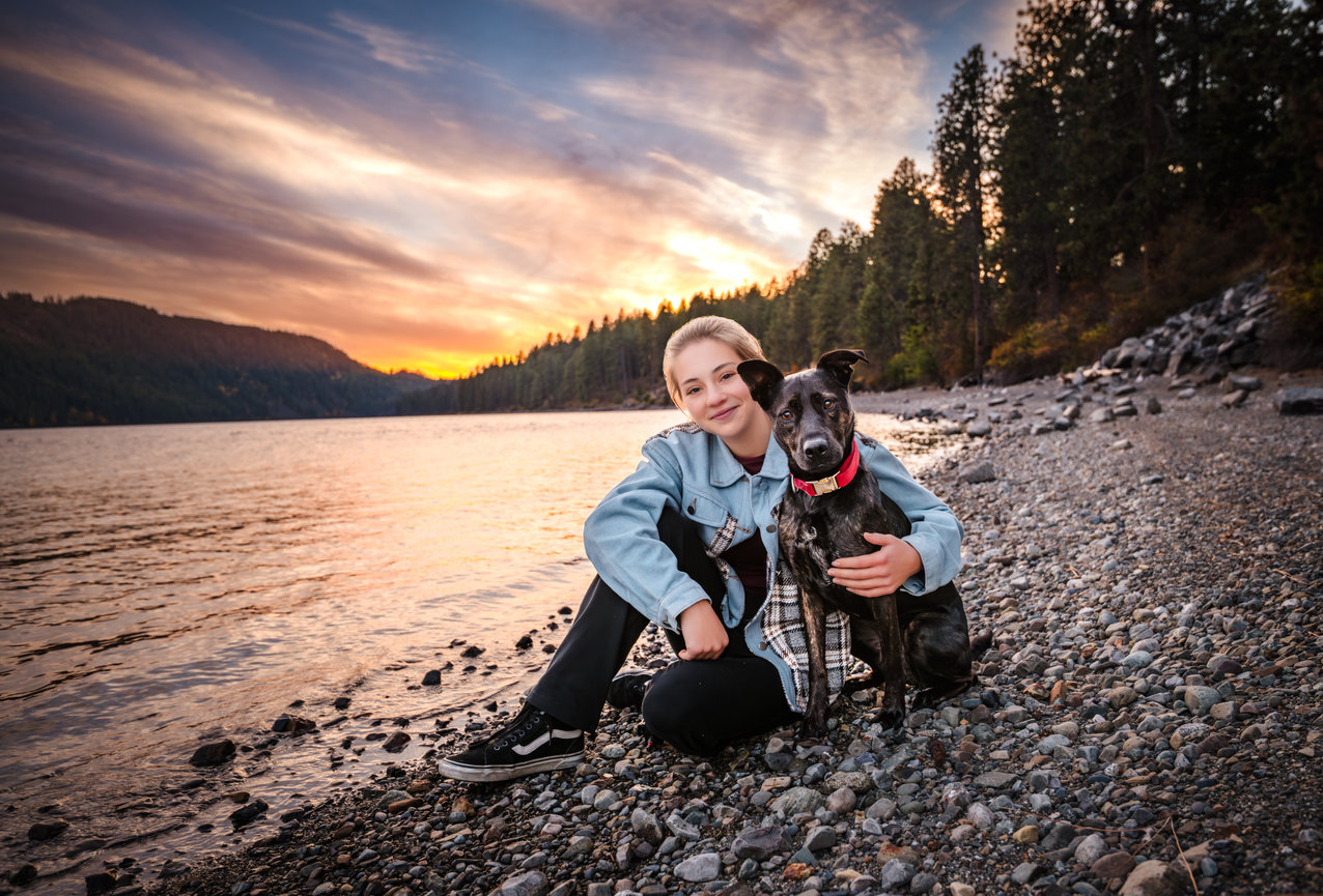 Person sits with a dog on a rocky beach at sunset.