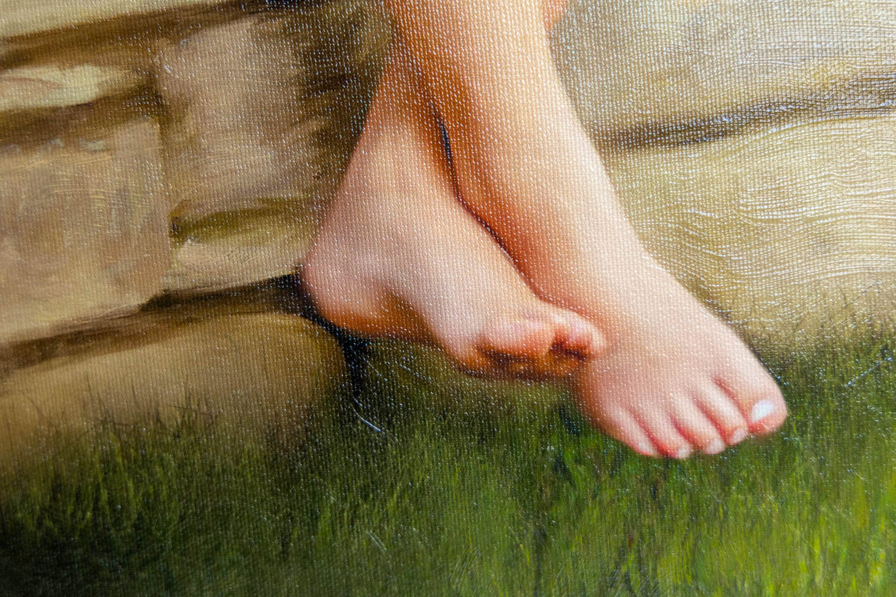 Brushwork on a garden oil painting of a five year old in Raleigh