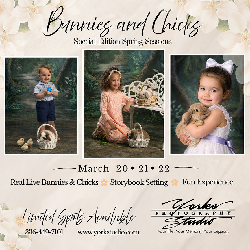 Children with bunnies and chicks in a spring-themed studio setting. March 20-22 event details included.