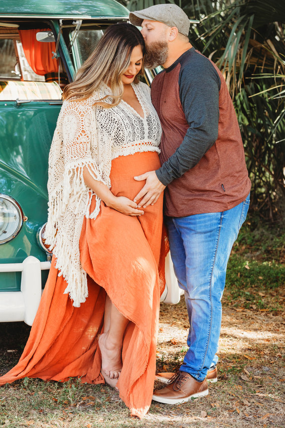 Glowing mom to be in boho maternity photos with vintage VW bus.