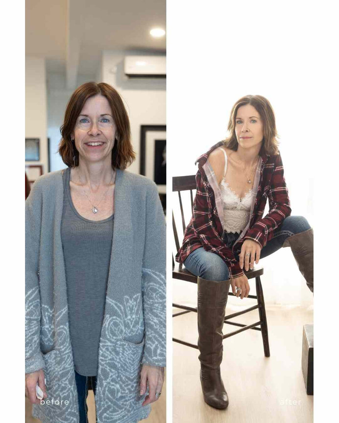 before and after photo of a woman in tall boots and plaid shirt, Calgary boudoir studio