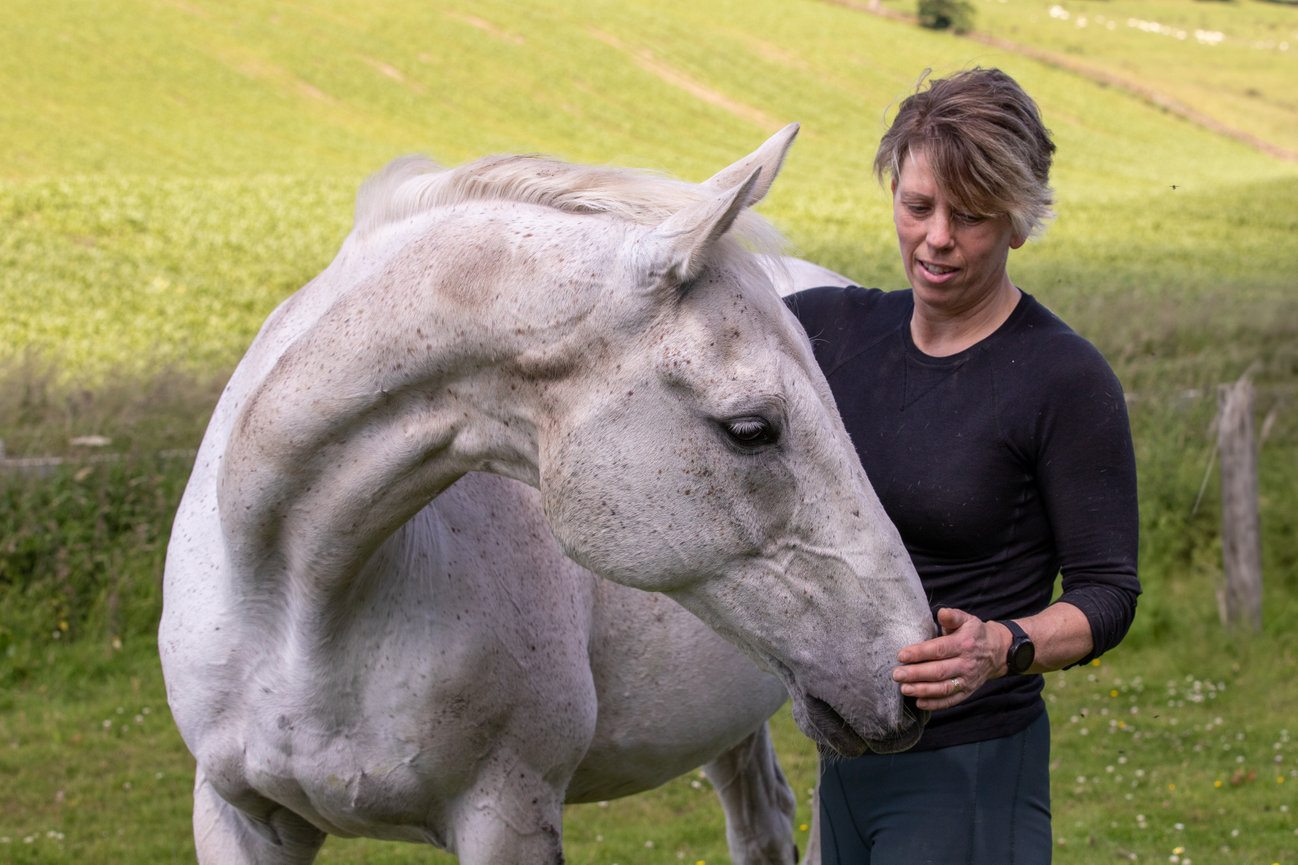 Person gently interacting with a white horse in a green field.