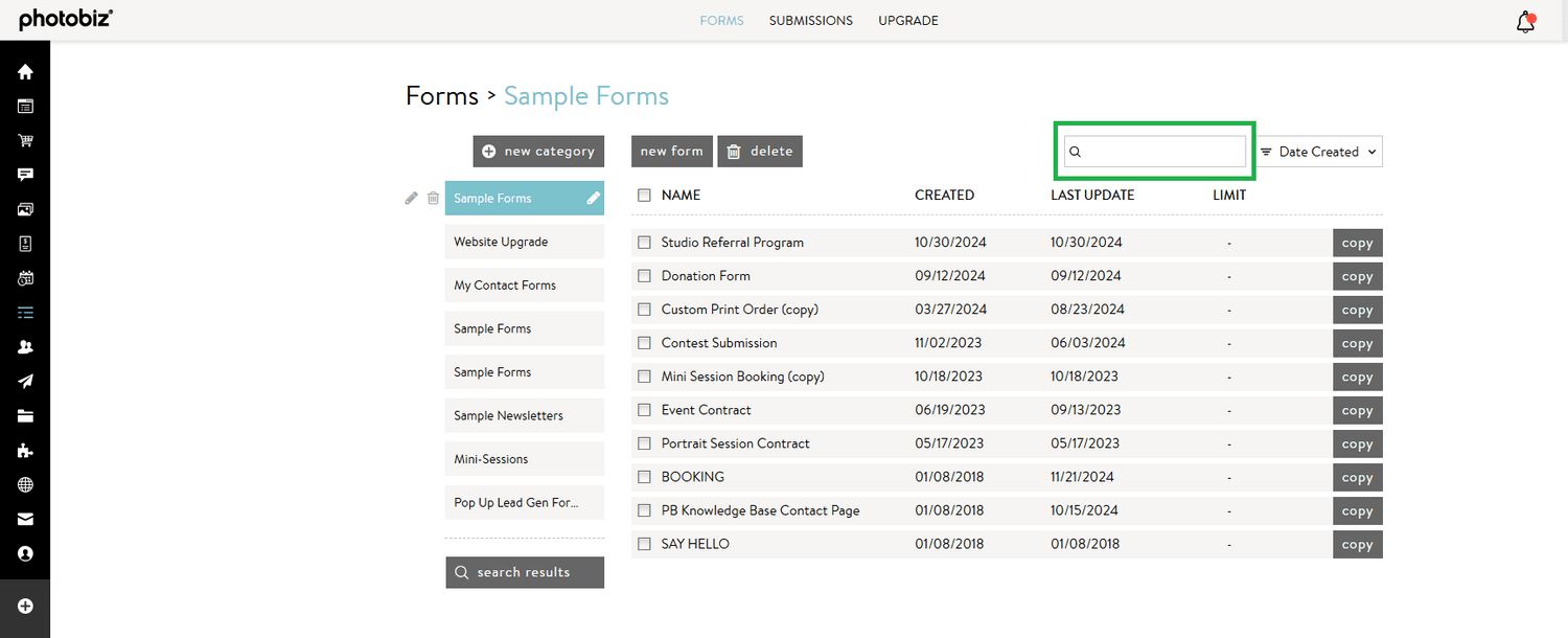 How To Search For Forms I've Created - PhotoBiz Knowledge Base