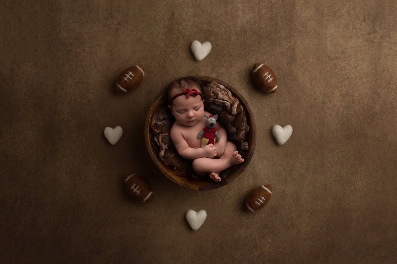 Newborn baby photographed with Kansas City mascot KC wolf prop during newborn photoshoot with Kansas City newborn photographer Dreamworks Photography 