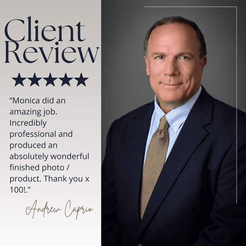 Man in a suit next to a client review with five stars praising Monica for excellent work on a photo/product.
