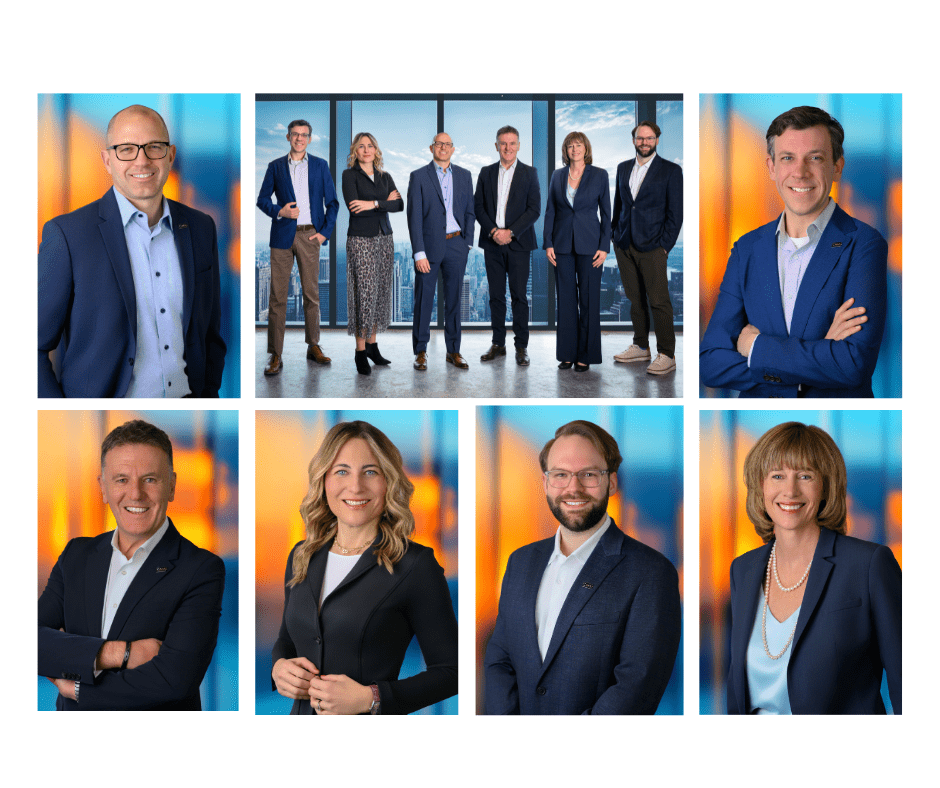 A collage of professional portraits featuring seven people in business attire against a bright, modern backdrop.