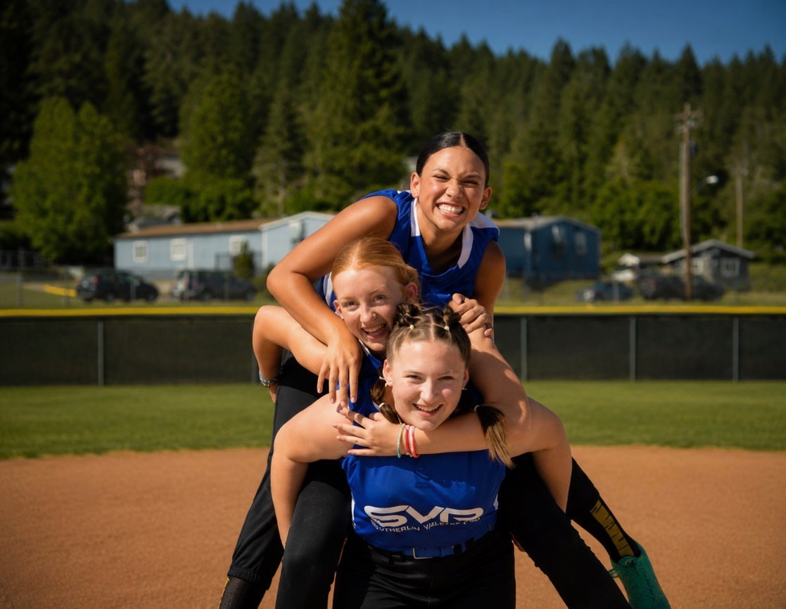 Mother and child posing together on a softball field