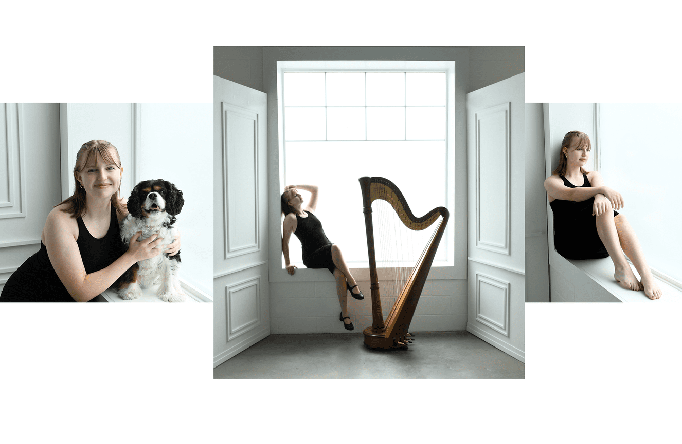 Evelyn posing with her harp and cocker spaniel dog for her high school senior photos in the window sill at Kliks Photography.