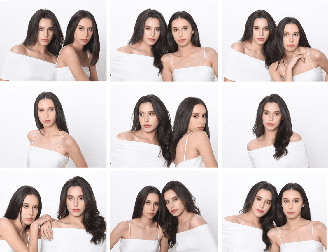 Twin collage women in white blouses striking model poses at Kliks Photography.