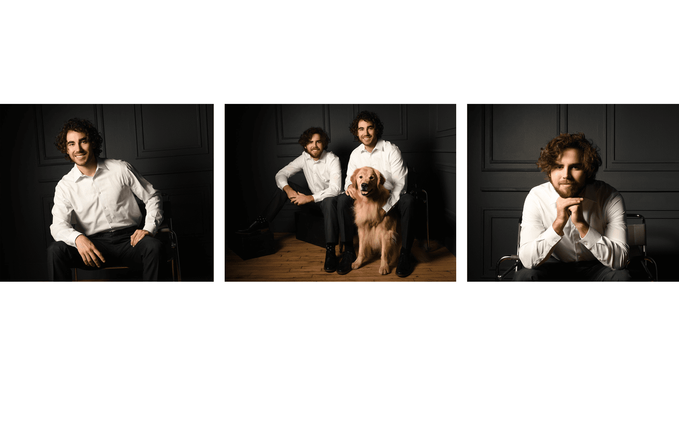 Two college age brothers with their golden retriever dog at Kliks Photography.