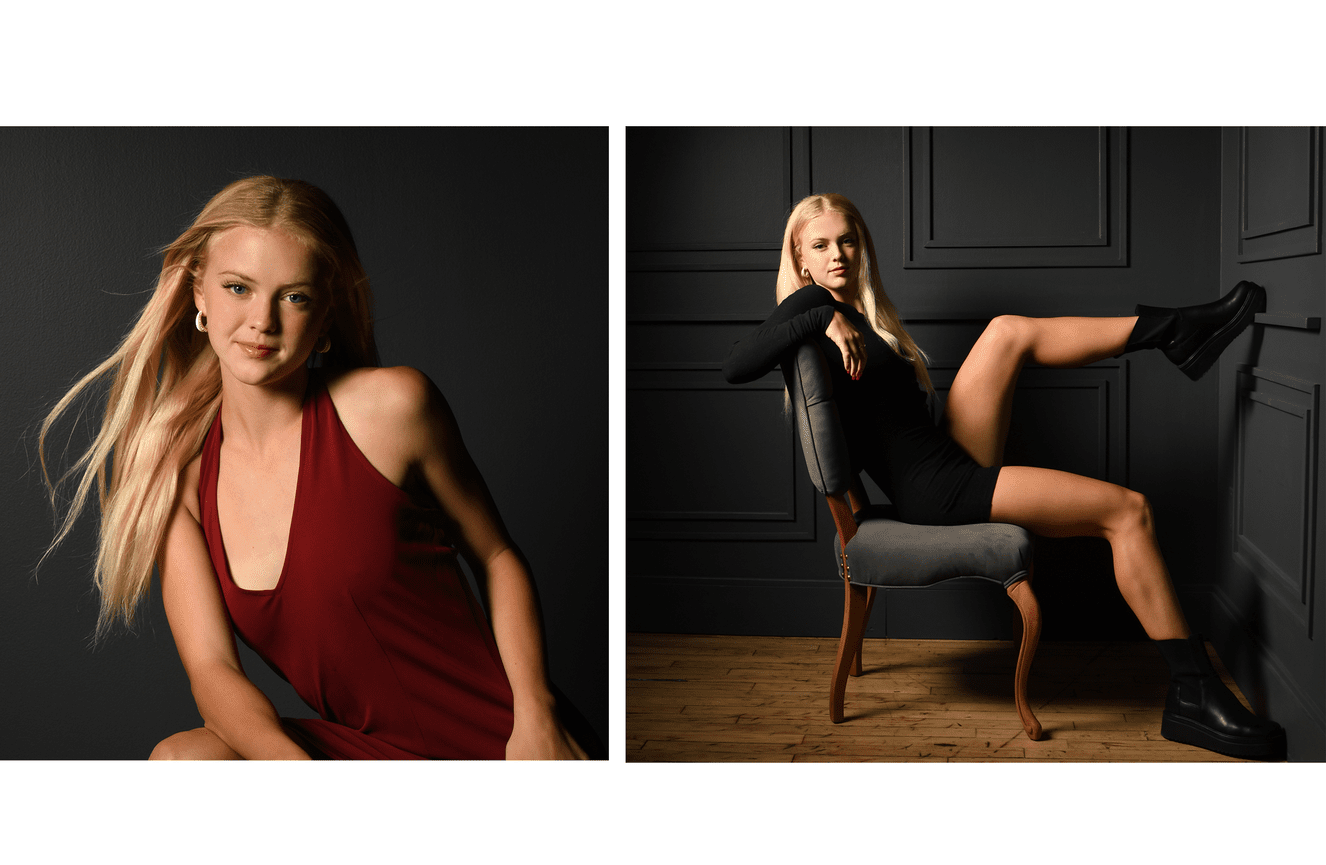 A senior with wind blowing through her blonde hair at Kliks Photography.