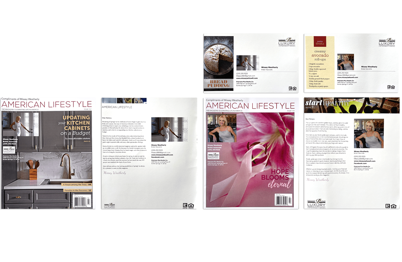 Work life photos in a magazine layout of realtor Missey Weatherly in Florida.