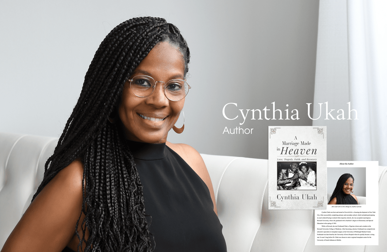Cynthia Ukah smiles for her author biography book jacket for A Marriage Made in Heaven.