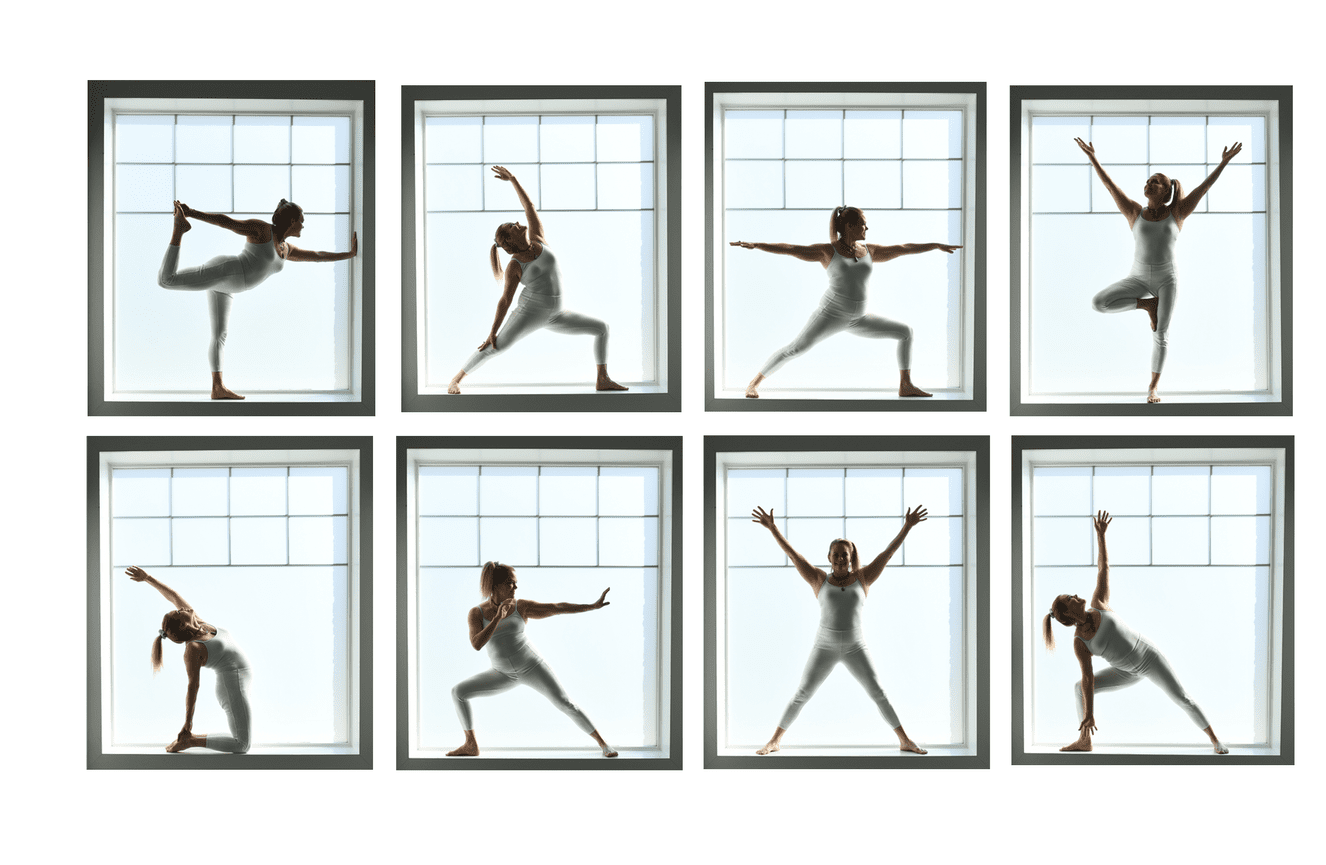 A collage of ansana poses by a female yoga instructor in the window sill of Kliks Photography in Cedar Rapids, Iowa.