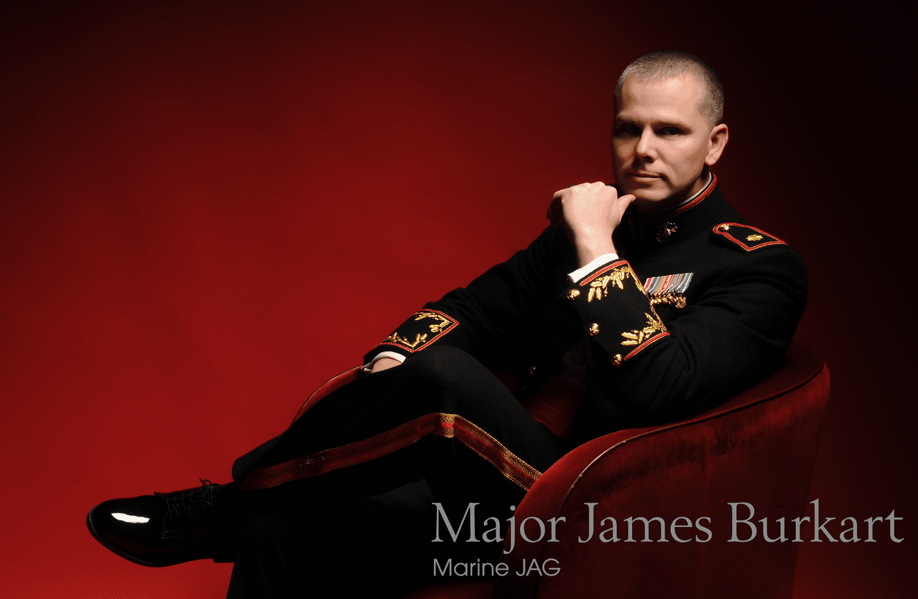 Marine JAG, Major Burkart, posing in his dress uniform on his wedding day at Kliks Photography.