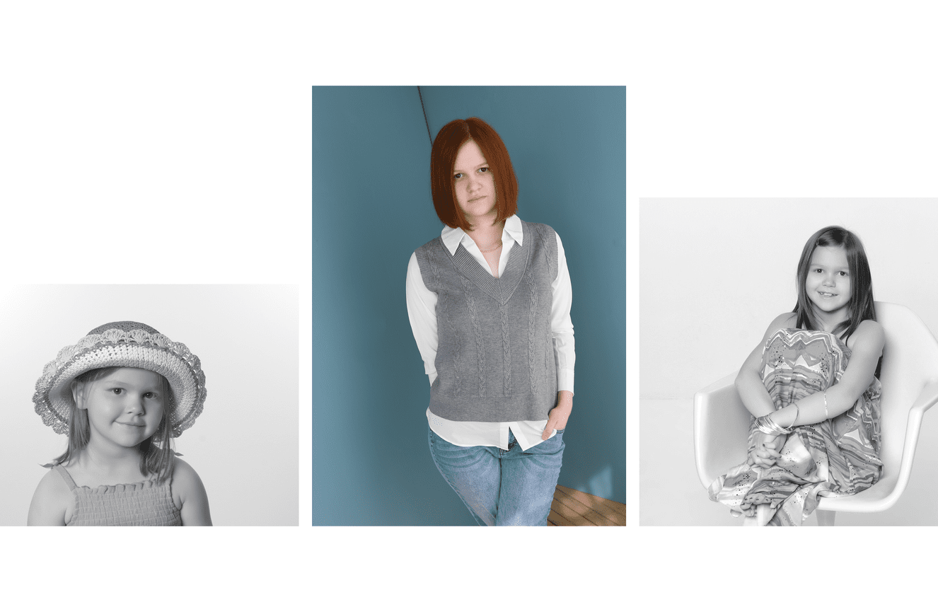 Photos of a girl when she was a toddler, a tween, and now a high school senior.