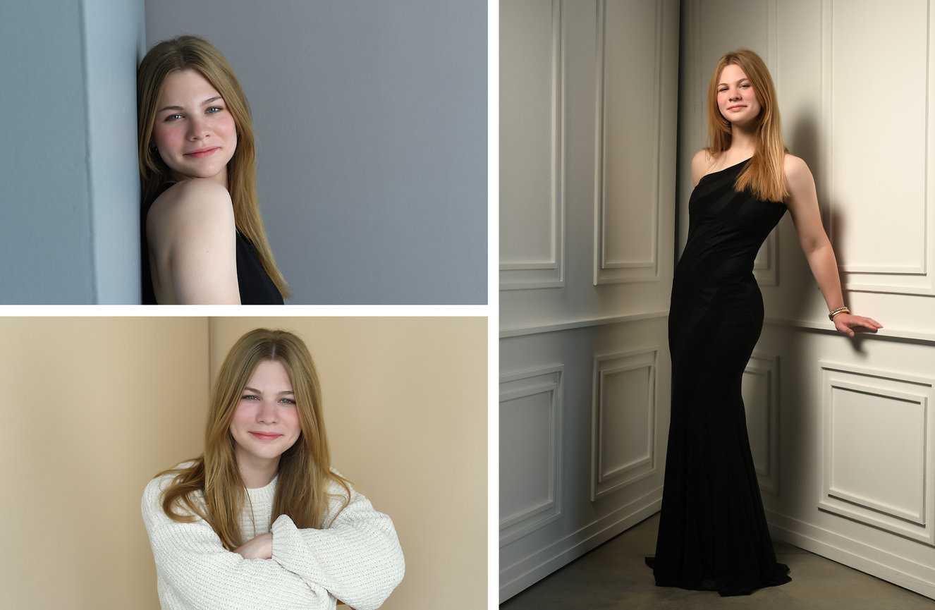 A collage showing a high school senior looking spirited in a tank top, casual in a sweater, and glamorous in a long black evening gown at Kliks Photography.