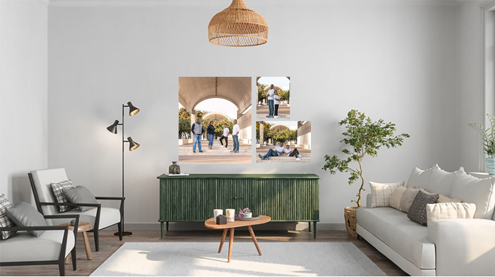 Modern living room with green sideboard, white furniture, floor lamp, and decorative wall art. of the family.